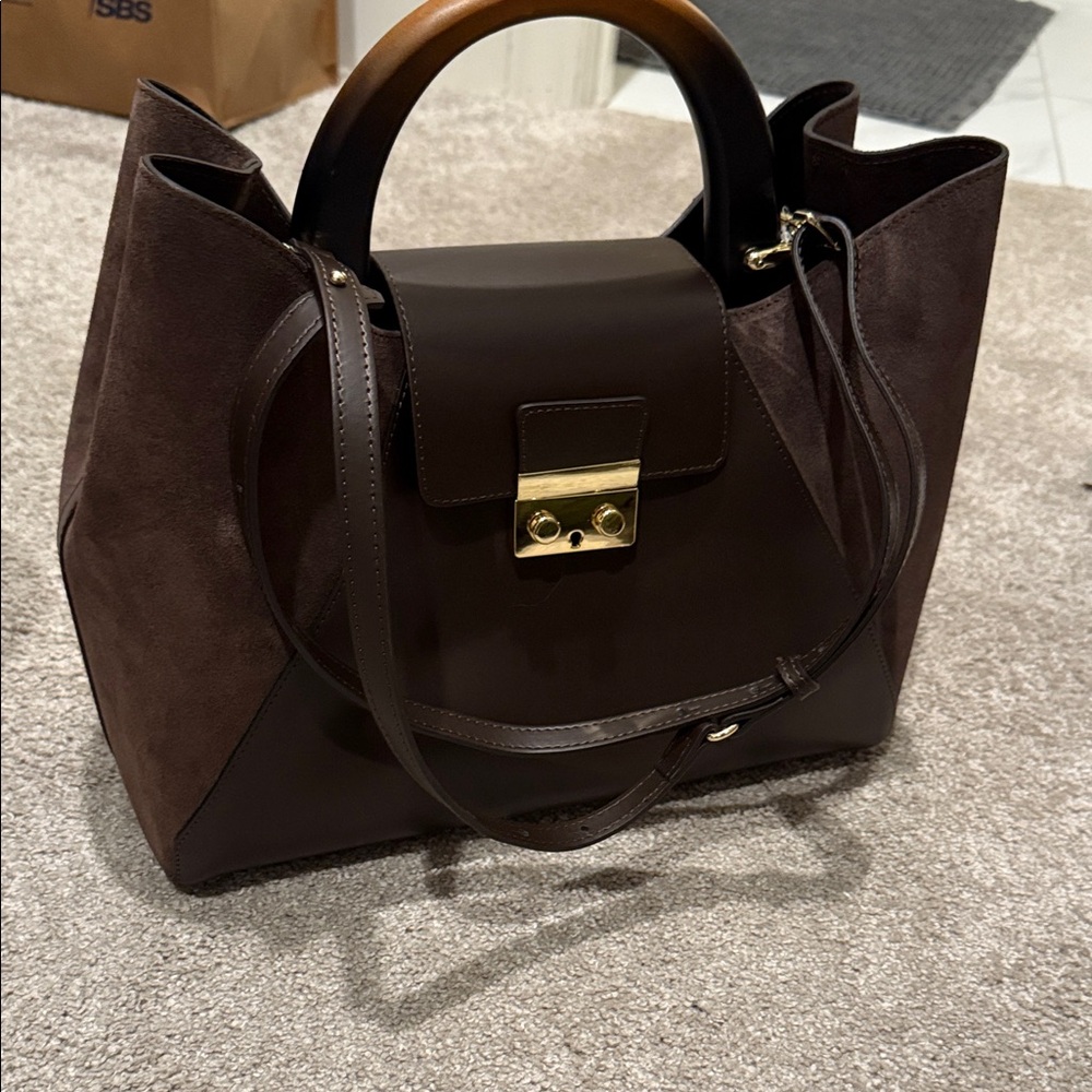 Dark Brown Suede & Leather Satchel Bag - Picture 2 of 11